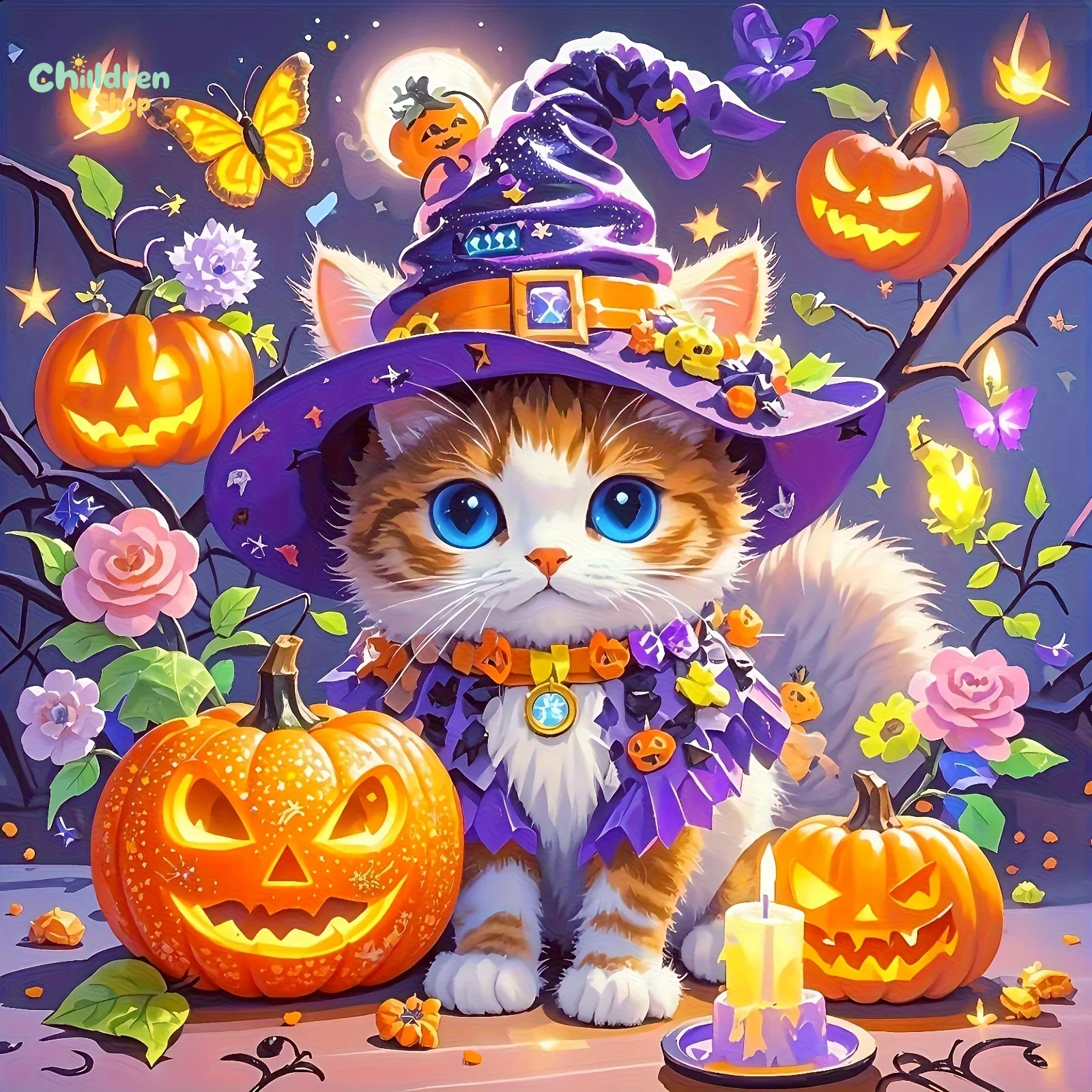 Photo Mosaic Print - Halloween Wizard Cat Diamond Painting Kits